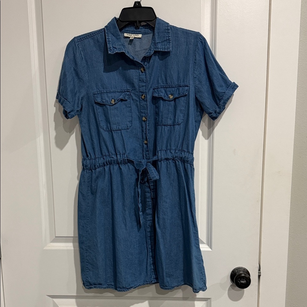 Chambray Shirt Dress with Tie Waist - Blue